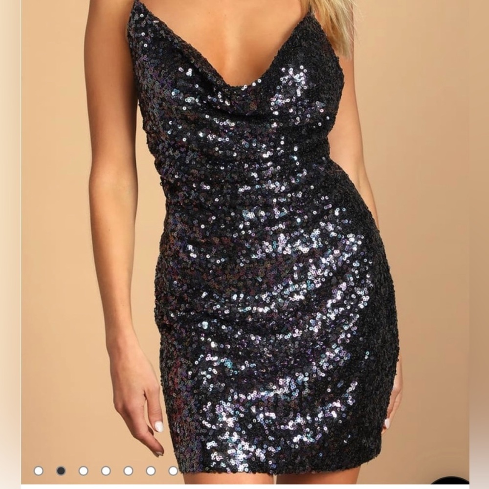 Lulu’s Shimmery Delight Iridescent Sequin Cowl Neck Mini Dress in Purple Size S